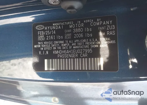 2014 Hyundai Elantra from USA, damaged, VIN KMHDH6AH1EU027995